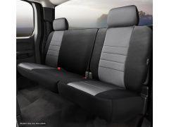 Rear seat view of a vehicle with black and gray upholstery. The interior is clean and modern.