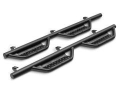 Two black metal running boards for vehicles, featuring perforated stepping surfaces and mounting brackets.