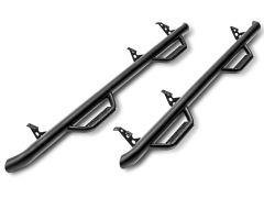 A pair of black metal side steps for vehicles, featuring textured footpads and mounting brackets.