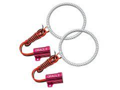 Two silver LED halo rings with orange and black wires are displayed alongside two red modules labeled "ORACLE."