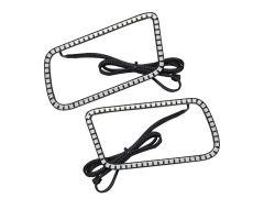Two rectangular LED light strips with black wires attached. The strips have a white boarder with evenly spaced lights.