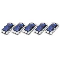Five small, rectangular, silver-base objects with glossy blue-tinted tops arranged horizontally.
