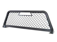 Black metallic vehicle grille with diamond-shaped mesh and curved top, designed for stability.