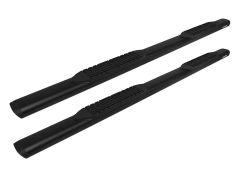Black side step for a vehicle, featuring textured step pads for grip and a sleek, modern design. Positioned diagonally.