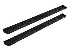 Two black running boards with textured grip surfaces, designed for vehicles, placed parallel on a white background.