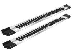 Two silver running boards with black chevron-patterned grips and black end caps.