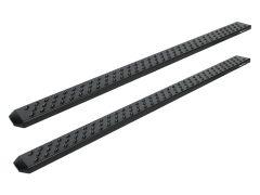 Two black metal truck side steps with raised diamond-patterned treads, angled ends, and a sleek, durable design, set against a plain white background.