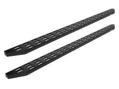 Two black, slotted heavy-duty metal running boards are shown, side by side, on a white background.