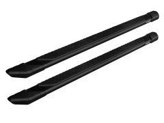 Two black truck running boards with textured grips. They are sleek and angular, designed for safety and support when stepping into a vehicle.