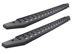 Two matte black vehicle running boards, featuring a textured surface with cut-out holes for grip, placed parallel to each other.