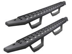 A pair of black vehicle step bars with textured surfaces and U-shaped brackets at both ends.