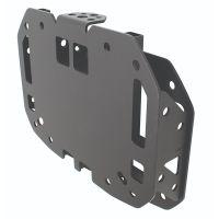 Black mounting bracket with various perforations and cutouts, designed for attachment.