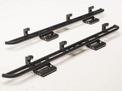 Two black metal side rails for vehicles, featuring textured steps and mounting brackets.