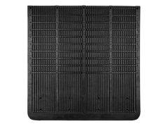 Black rubber mat with parallel ridges and grooves for traction, designed to trap dirt and moisture.
