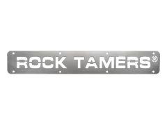 Metal sign featuring the cut-out text "ROCK TAMERS" with a brushed stainless steel finish and circular mounting holes.