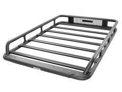 Black metal roof rack with horizontal slats, rounded edges, and a mesh backing, designed for vehicle cargo transport.