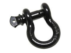 A black metal bow shackle with a threaded pin, used for securing heavy loads. The shiny finish suggests durability and strength.