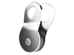 Polished metal snatch block pulley with a single sheave and mounting eye, designed to increase winching capacity and change cable direction, displayed on a white background.