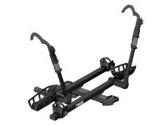 A black bike rack with two horizontal arms, each featuring upward-curving hooks and cradle supports for wheels.