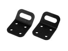 Two black metal brackets with elongated holes on top and four circular holes on the bottom for mounting.