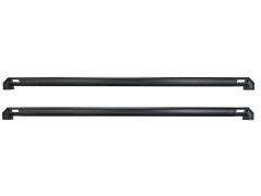 Two black, elongated roof bed rails with rounded edges and notches on one end, positioned parallel to each other.