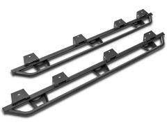 A pair of black metal vehicle running boards, featuring an elongated, flat design with square mounting brackets for installation.