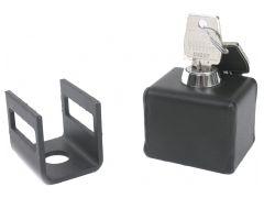 A black trailer hitch lock, featuring a U-shaped bracket on the left and a square lock with a key inserted on the right, displayed against a white background.