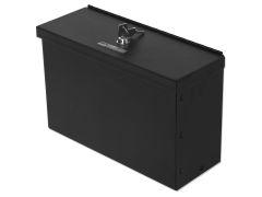 Black metal cash box with a secure lock on top and a key inserted. The surface is smooth and unadorned.