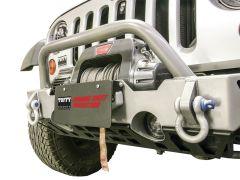 Front view of a vehicle bumper equipped with a winch and D-ring shackles, showcasing "Tuffy Security Products" and "Serious Theft Protection." A black license plate holder is angled downward.