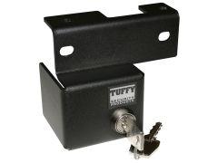 Black metal locking hitch pin by Tuffy Security Products, featuring a key inserted into the lock.