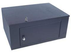 A large, secure black metal box with a keyhole on the front and a key inserted on the top.