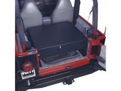 Red Jeep with its rear door open, showcasing a black security drawer installed in the cargo area. Gray seats are visible in the background.