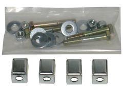 A clear plastic bag contains assorted metallic washers, bolts, and nuts. Below the bag, four metallic rectangular blocks with round holes are aligned.