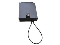 A black security lock box with a dial combination lock on the front and looped cabled attached.