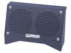 Black metal speaker box with two circular vent patterns, secured by four screws. A label reads "Tuffy, Lock it Up."