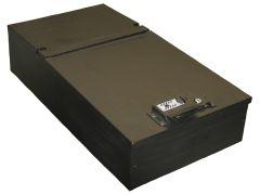 A black rectangular metal lockbox with a hinged lid and a built-in combination latch on the front, shown at an angle against a plain background.