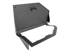 Black metal mounting bracket with a hinged design.