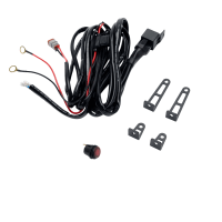 Bundle of black and red electrical wires, a round switch with a red button, and three black mounting brackets.