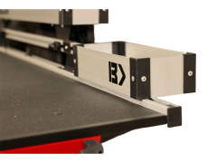 Metal drawer slide with black accents and logo.