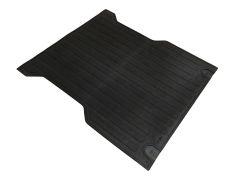 A black rubber truck bed mat with a rectangular shape and ridged texture sits on a white background. It has a slightly raised boarder.