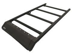 Black metal roof rack with multiple crossbars and aerodynamic front shield for vehicles.