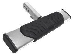 Steel bumper step with a black textured surface and angular grip design. It is attached to a metal mounting bracket.