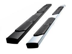 Two vehicle side steps; one black, one silver, both with black textured grip pads.