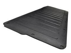 Black rubber tailgate mat with a ridged texture, angled view. It has multiple holes along the edges, designed for grip and stability.