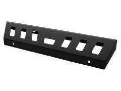 Black metal panel with rectangular cutouts and small circular holes on a white background.