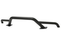 Black metal grab bar with mounting plates on each end.