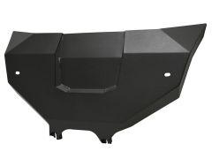 Black angular metal skid plate with geometric design and mounting holes.