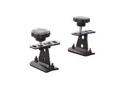 Two black metal clamps with adjustment knobs, designed for securing equipment placed side by side.