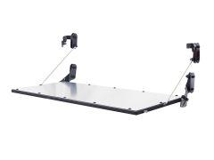 A rectangular mounted table supported by black brackets and adjustable metal cables.