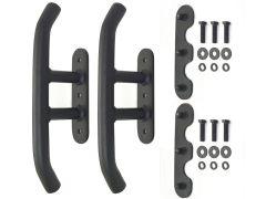 A set of black mounting handles with accompanying plates and various screws and washers on a white background.